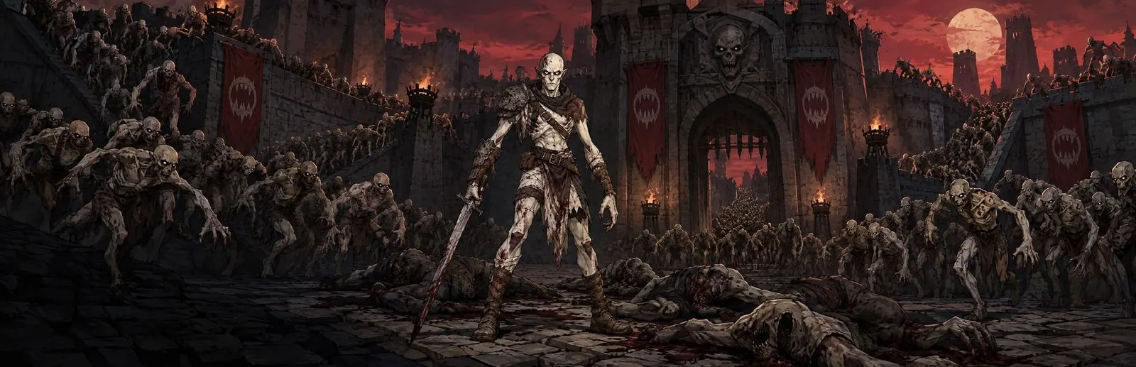 Panorama of the castle courtyard: the ghoul hero stands among the fallen, sword in hand, as ghouls climb the walls under a red moon