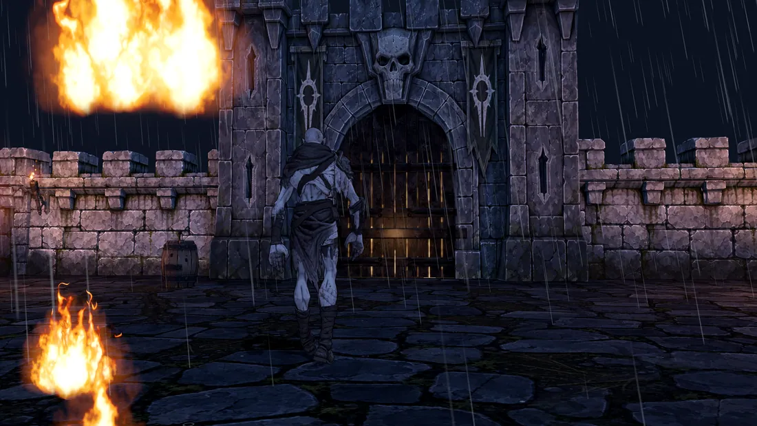 The hero, seen from behind, walks through the rain towards the barred gate of the castle; a brazier burns in the foreground