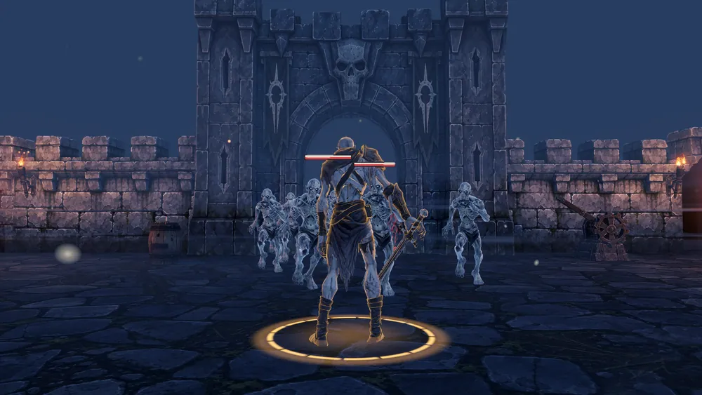 The hero, seen from behind, stands sword in hand as ghouls come through the arched gate towards him